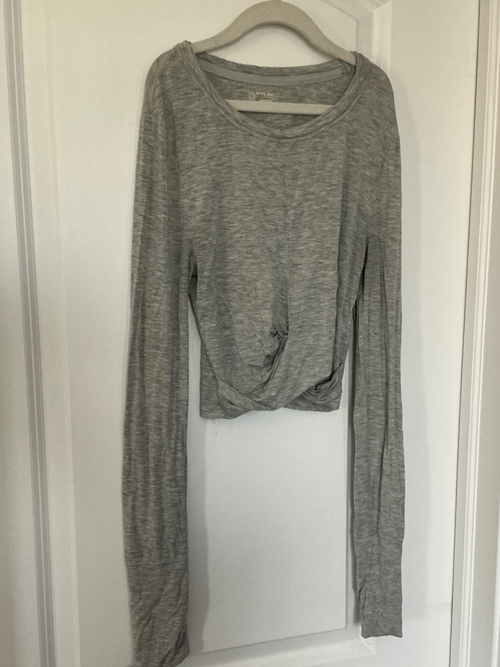 aerie Light Gray Long Sleeve Twist Hem Top